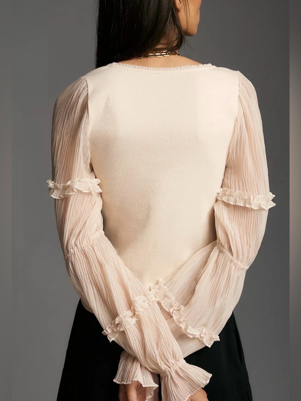 By Anthropologie Long-Sleeve Victorian Ruffled Top in Cream, Size Small - Picture 3 of 10